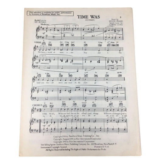 Vintage Sheet Music Piece for the Song "Time Was (Duerme)" unbranded  A+ Stuff Sheet Music