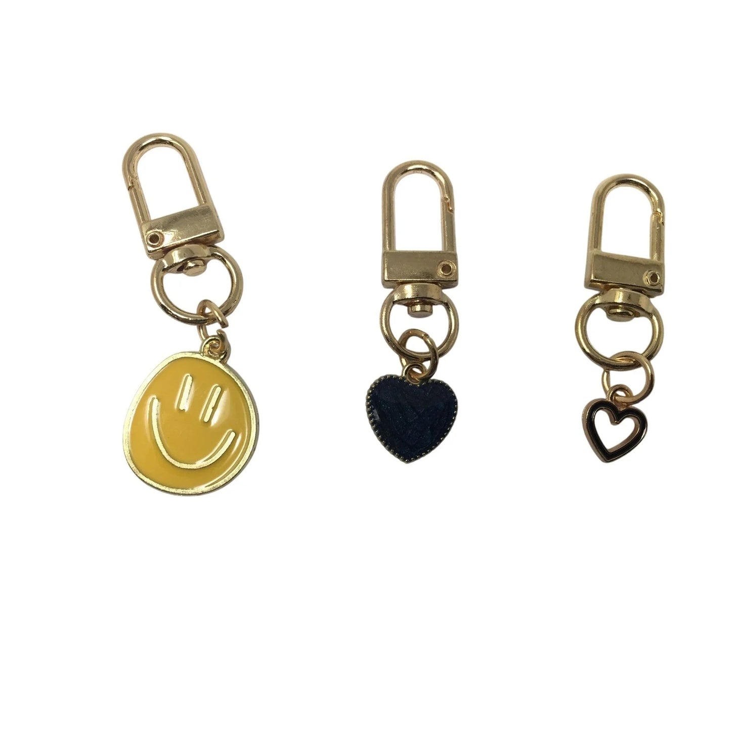 3 Gold Toned Charm Keychains (1 Smiley Face and 2 Hearts) - A+ Stuff - Jewelry - A+ Stuff