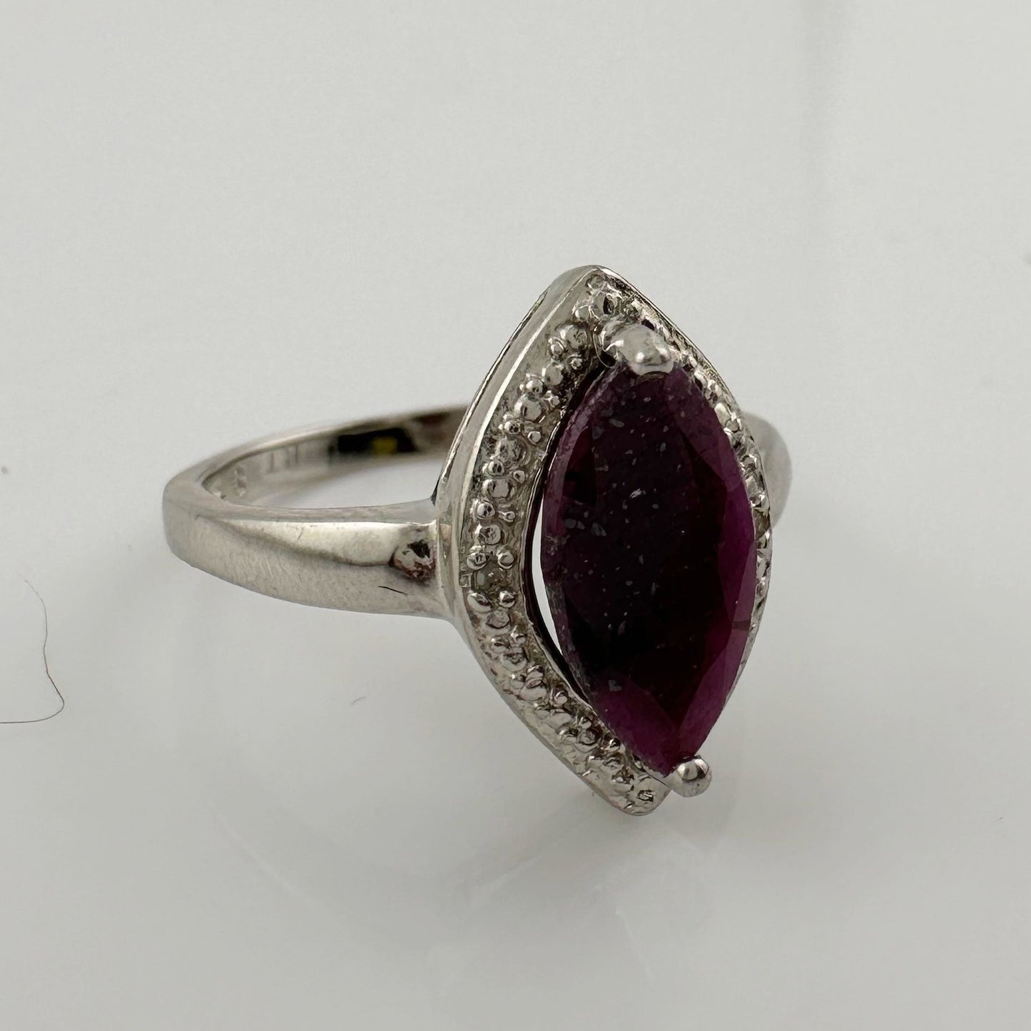 Marquise Cut Garnet & Diamond Ring - Sterling Silver - Size 8