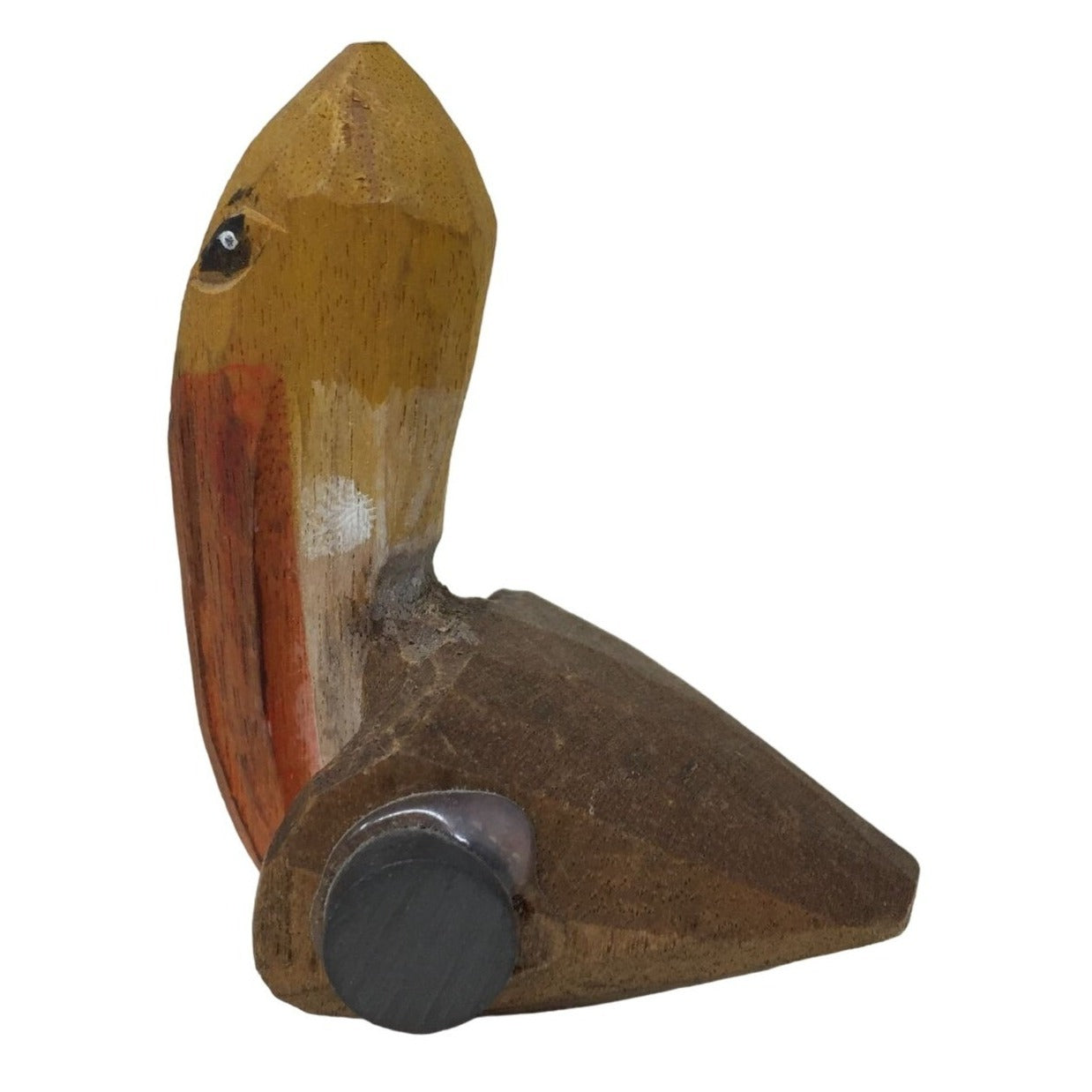 Small Carved Wooden Pelican Bird Magnet- writing on the bottom "OBX, NC 2010"