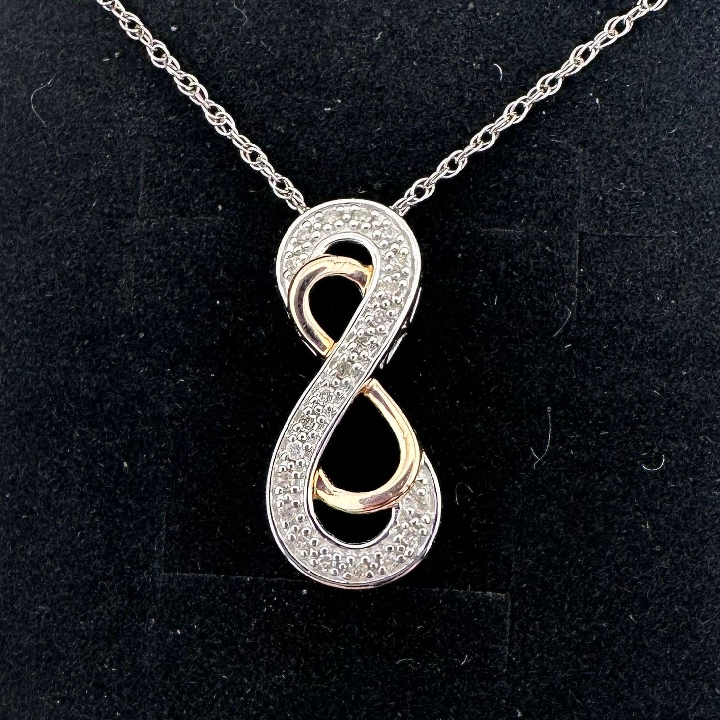 Beautiful  INFINITY Necklace - 14kt Gold & Sterling Silver with Natural Diamonds