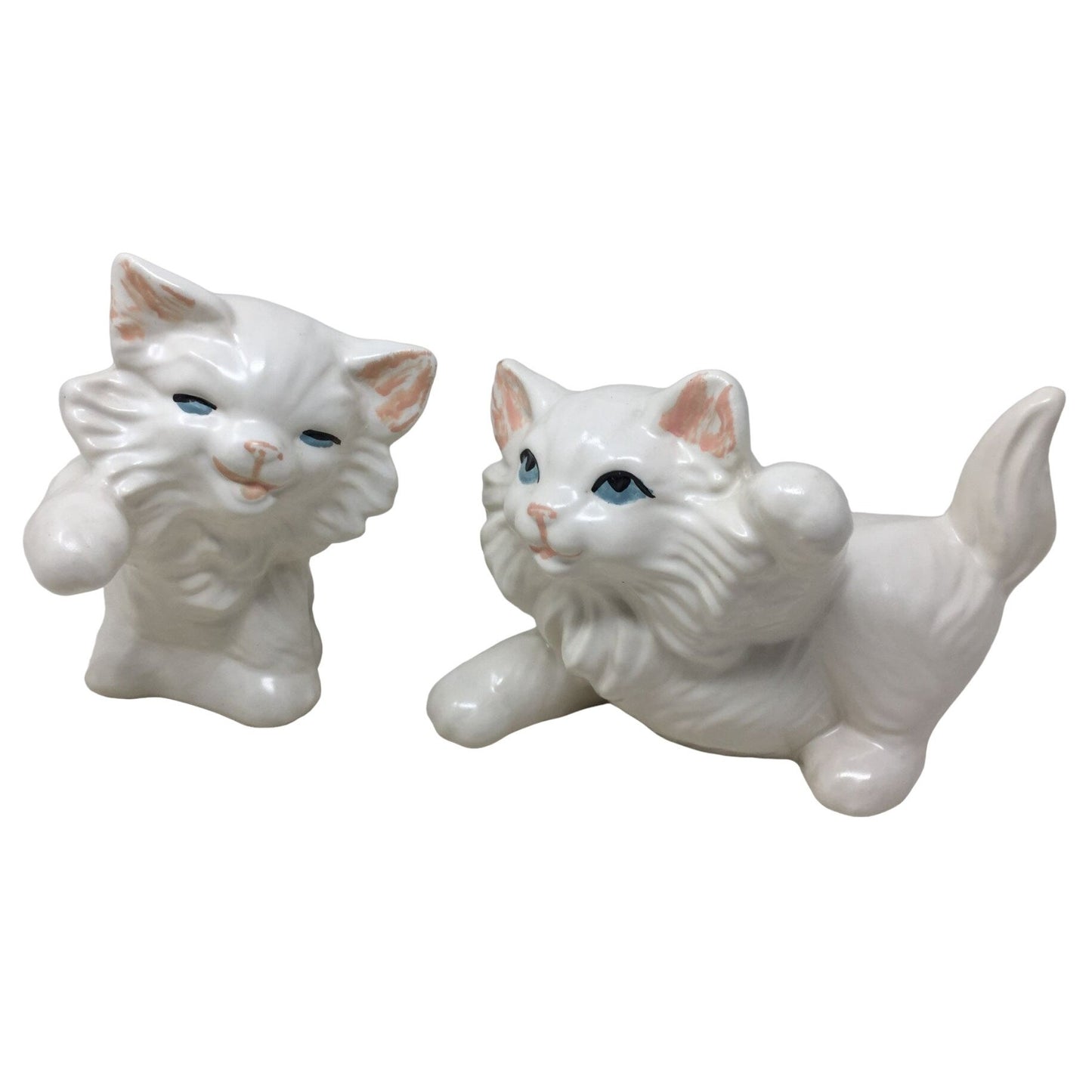 White Persian Cat Decor - Mom Cat Planter/Vase + 2 Blue Eyed Kitten Statues / Figurines