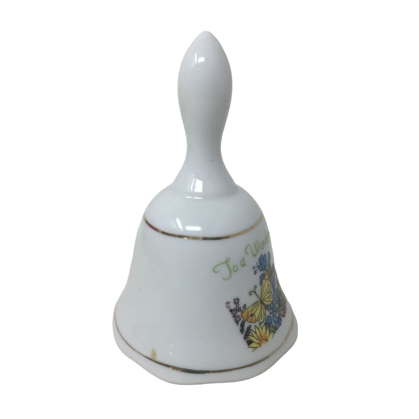 "To A Wonderful Friend" White Hand Bell with Butterflies and Flowers printed on it