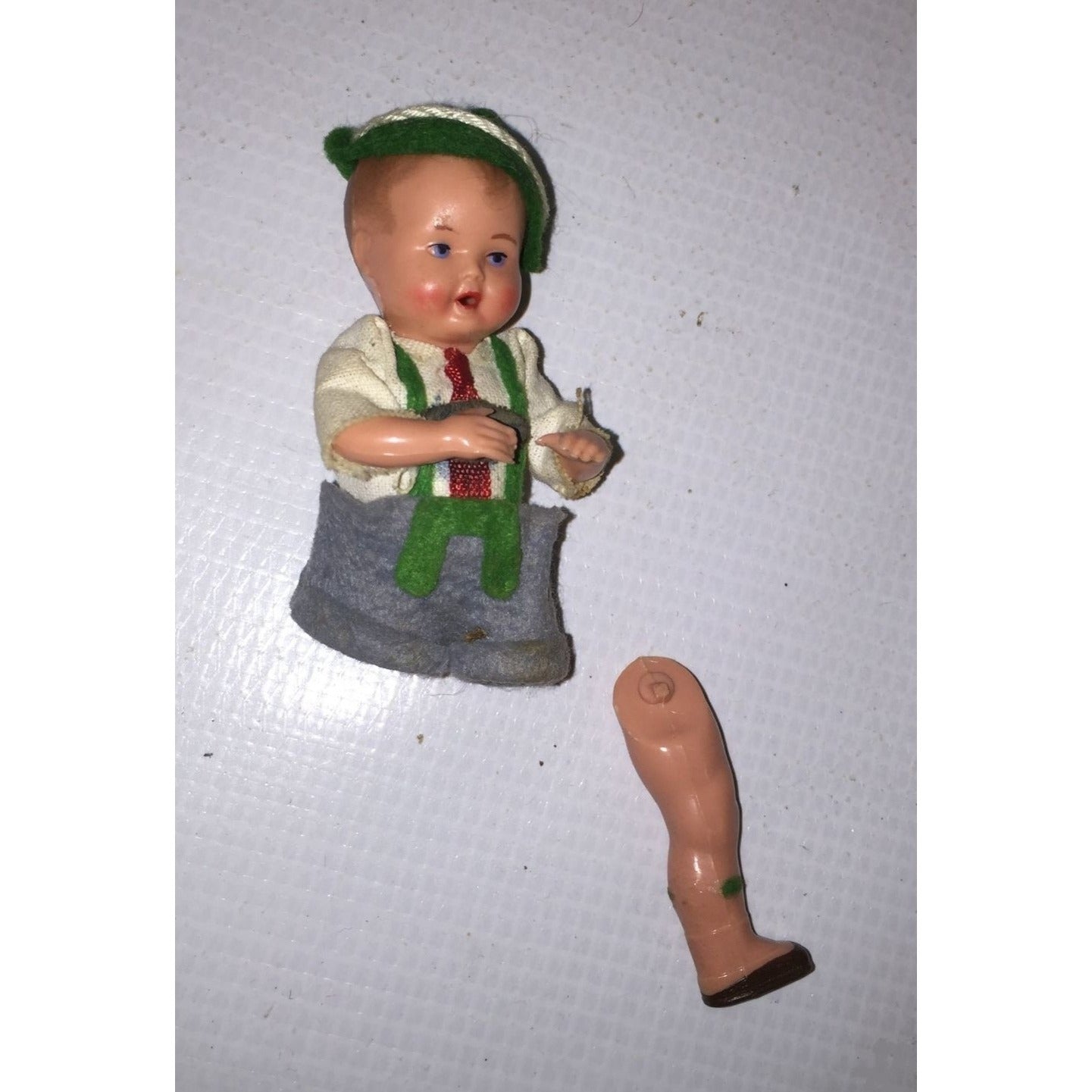 Vintage Small Doll With Hat and Overalls - Missing Leg & Other Leg is Detached