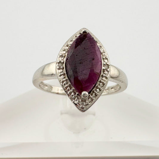 Marquise Cut Garnet & Diamond Ring - Sterling Silver - Size 8