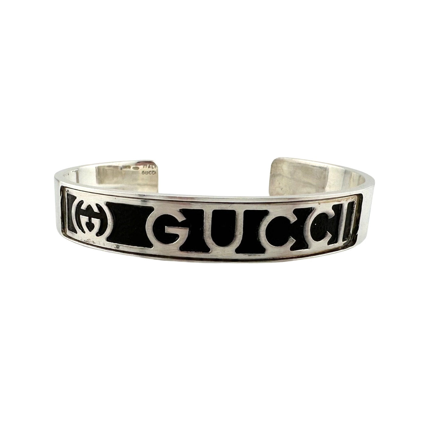 Gucci Black Leather GG Logo Sterling Silver Bangle Bracelet - Vintage!