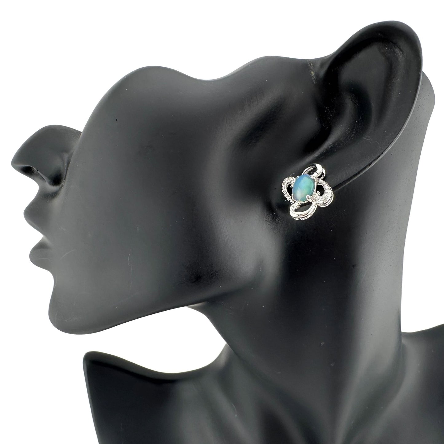 Mesmerizing Natural Cabochon Black Opal Earrings Diamond Accent - Sterling Silver