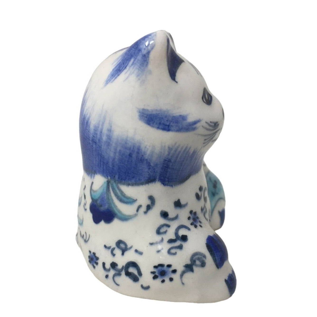 Cute Vintage Cat Figurine - Country Blue Floral Pattern - signed on bottom.