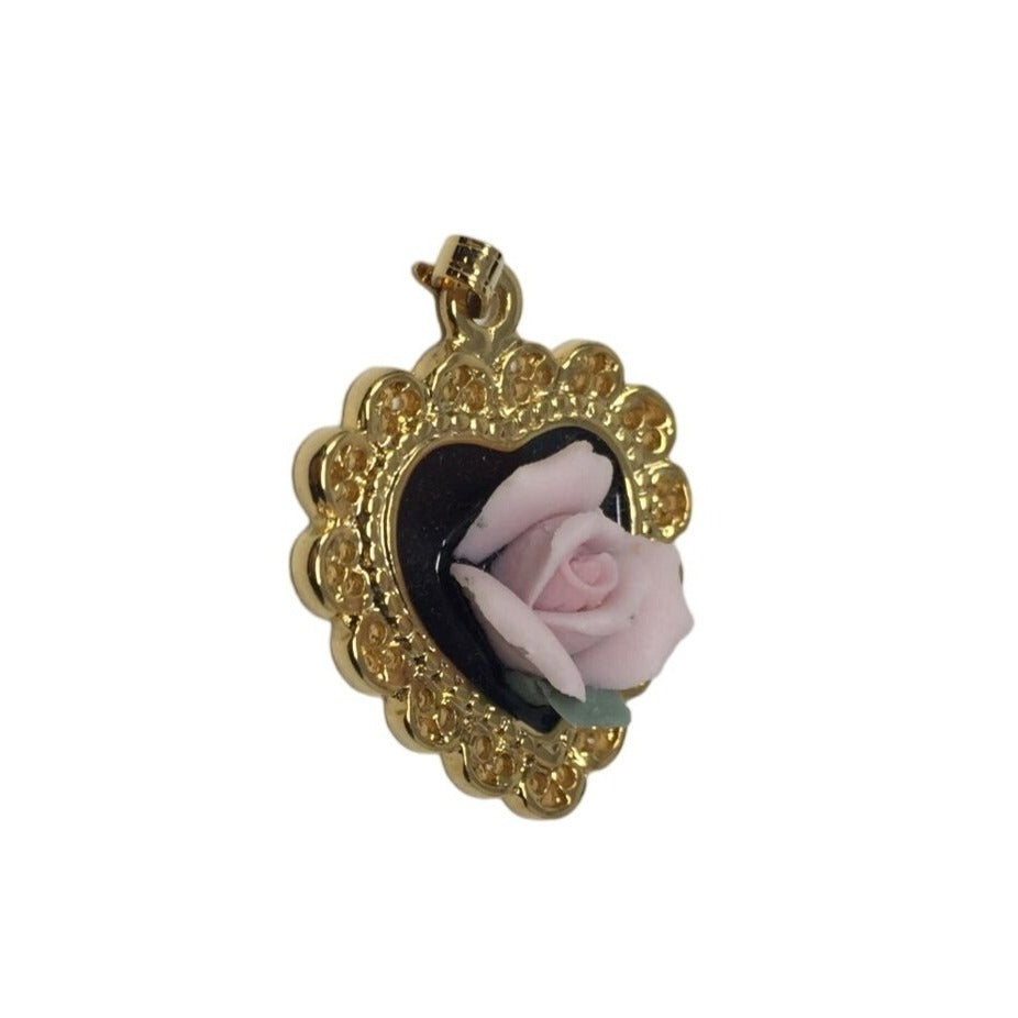 Vintage Gold and Black Heart-Shaped Necklace Pendant with Pink Rose in the middle