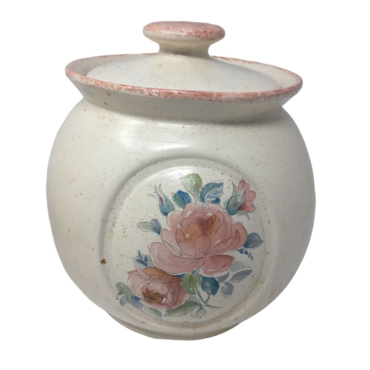 Vintage Pair of Round Lidded Jars With Flower Pattern of the Front