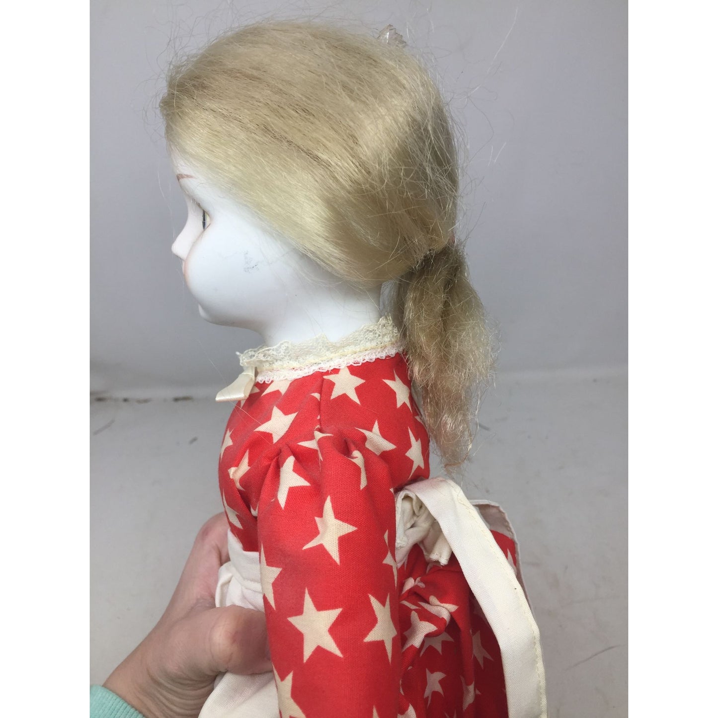 Beautiful White Faced Porcelain Doll in Red Dress with White Stars and Apron 16" Tall - Great Find!