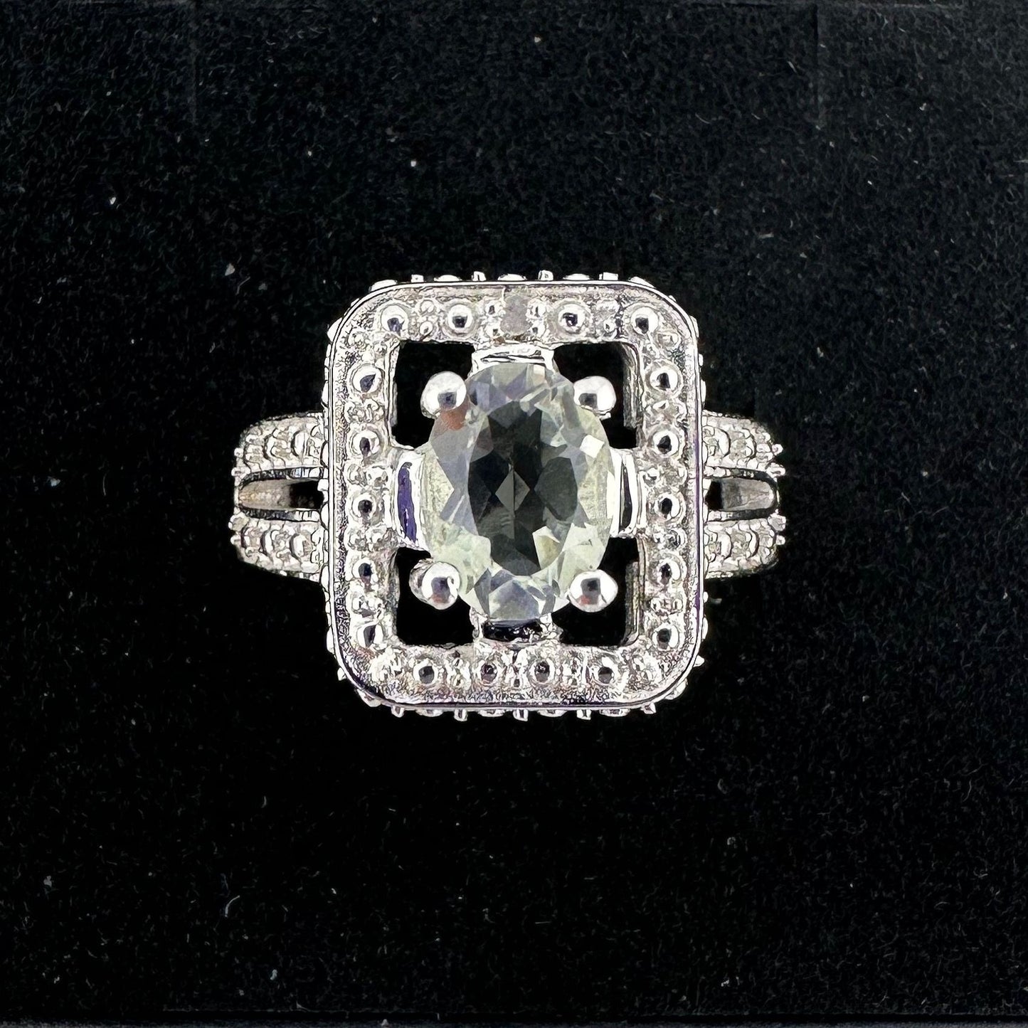 Beautiful Natural Light Green Amethyst Ring with small Diamond - Sterling Silver Size 6