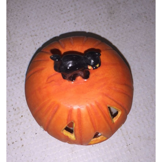 Black Cat Standing on an Orange Pumpkin - Halloween Decor/Figurine