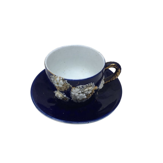 Vintage Miniature Cobalt Blue Flower Patterned Tea Cup with Saucer