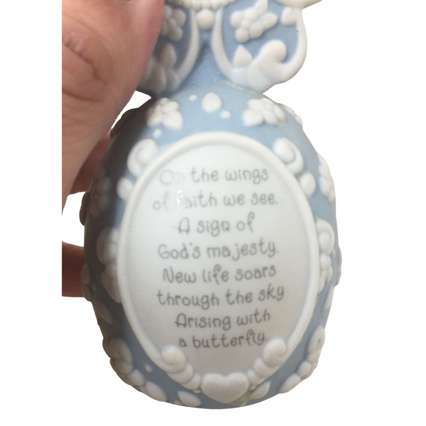 Ceramic Blue/White Butterfly Handbell with Angel and Flowers and Religious Quote