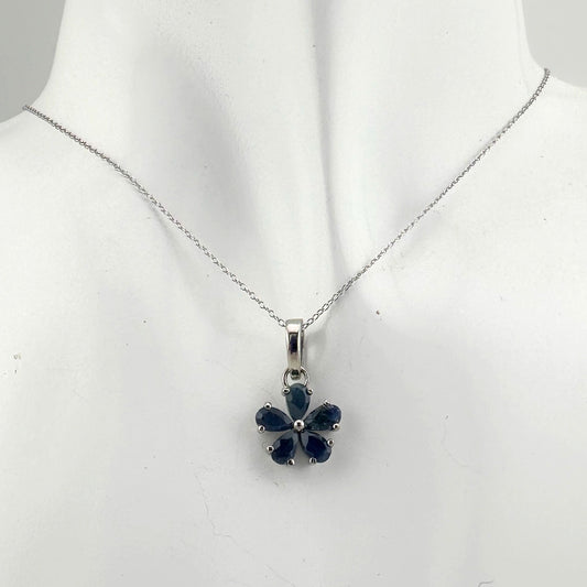 Natural Blue Sapphire Flower Necklace with Pendant - Sterling Silver  - Simply Beautiful!