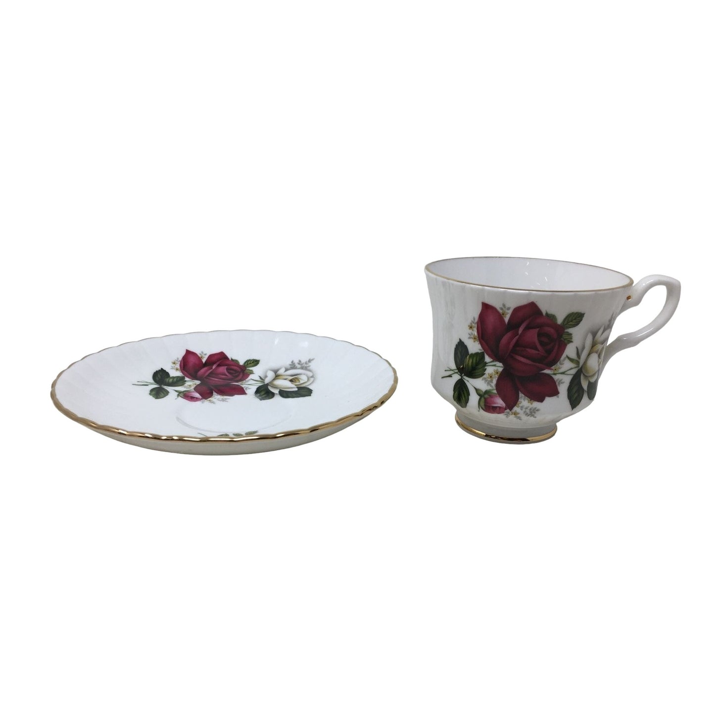 Royal Stafford Bone China Tea Cup and Saucer Set Gold Rimmed with Roses Printed on Each