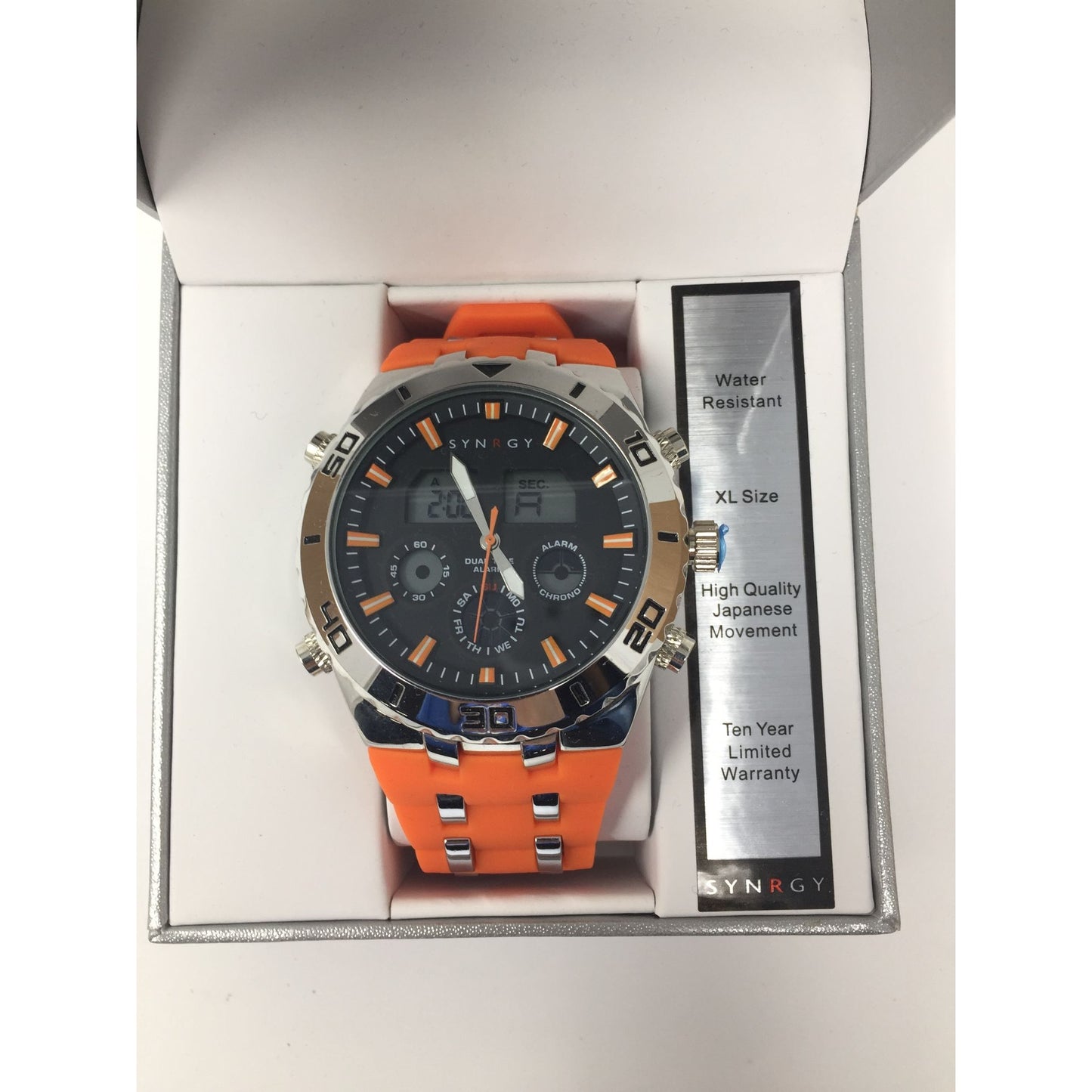 SYNRGY Mens XL Water Resistant Orange Band Watch in Box