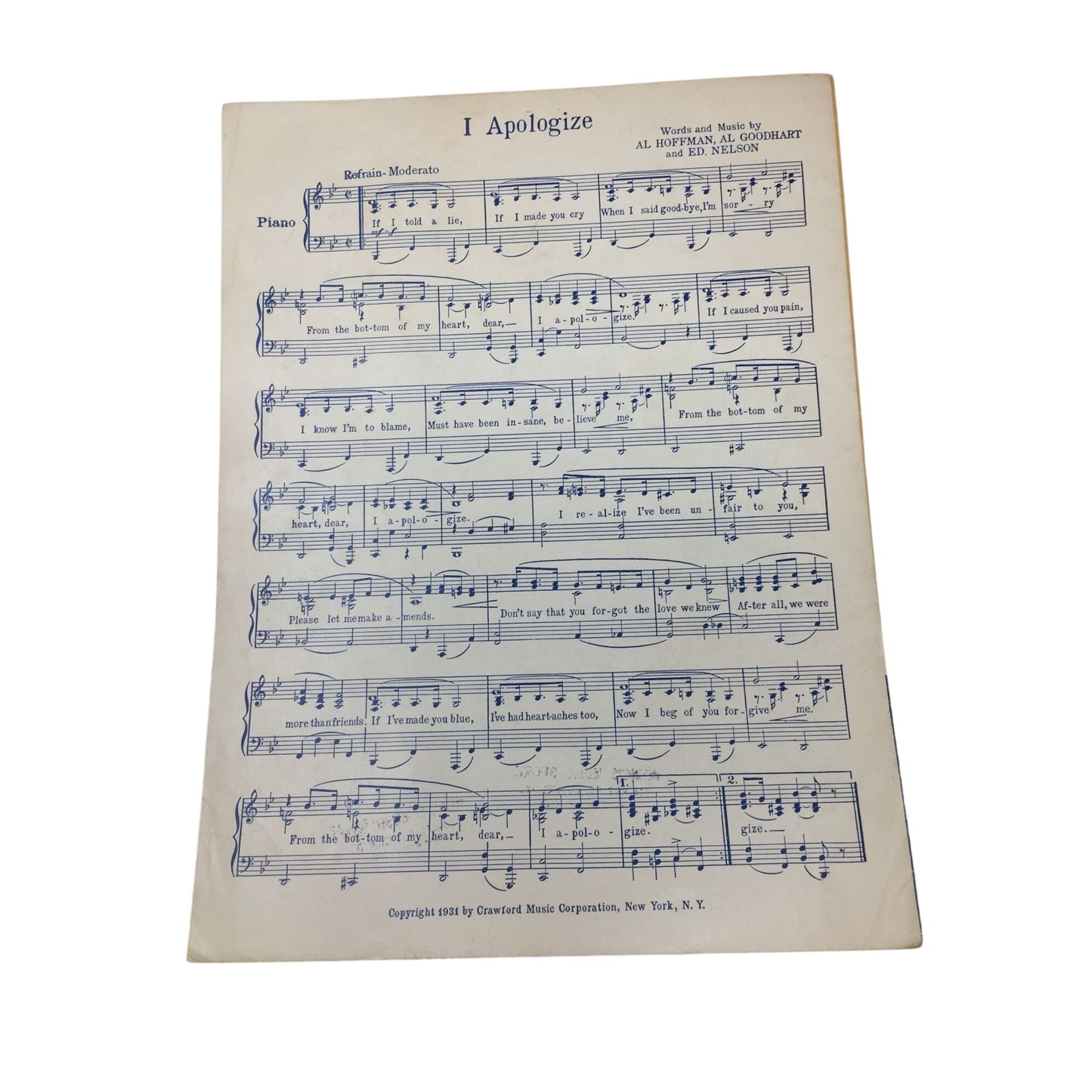 ''I APOLOGIZE'' By Al Hoffman, Al Goodhart, and Ed Nelson