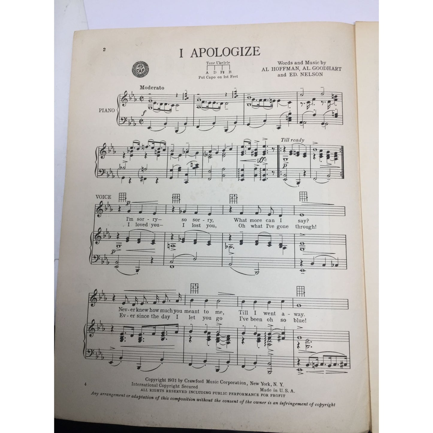 ''I APOLOGIZE'' By Al Hoffman, Al Goodhart, and Ed Nelson