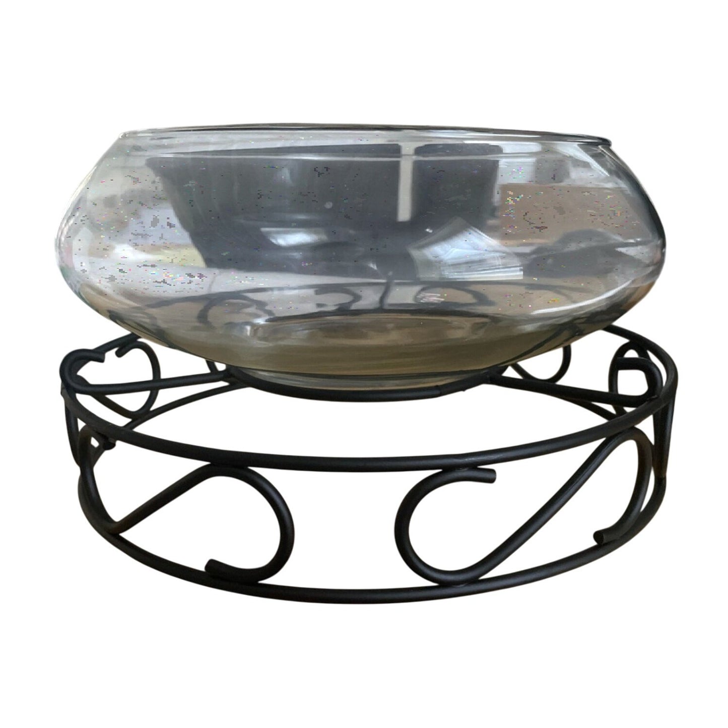 Clear Glass Bowl Vase/Planter And Black Metal Stand