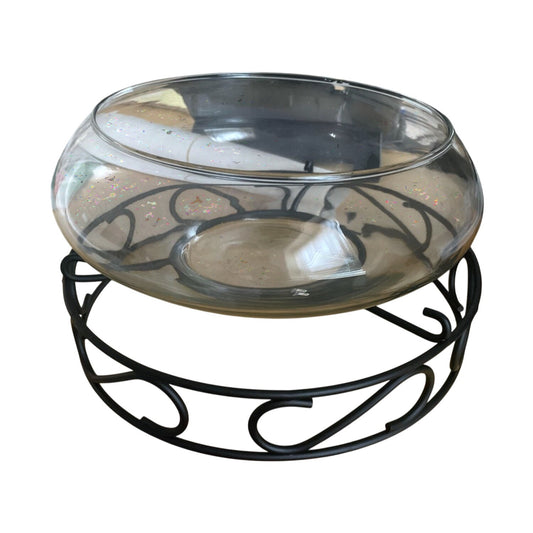 Clear Glass Bowl Vase/Planter And Black Metal Stand