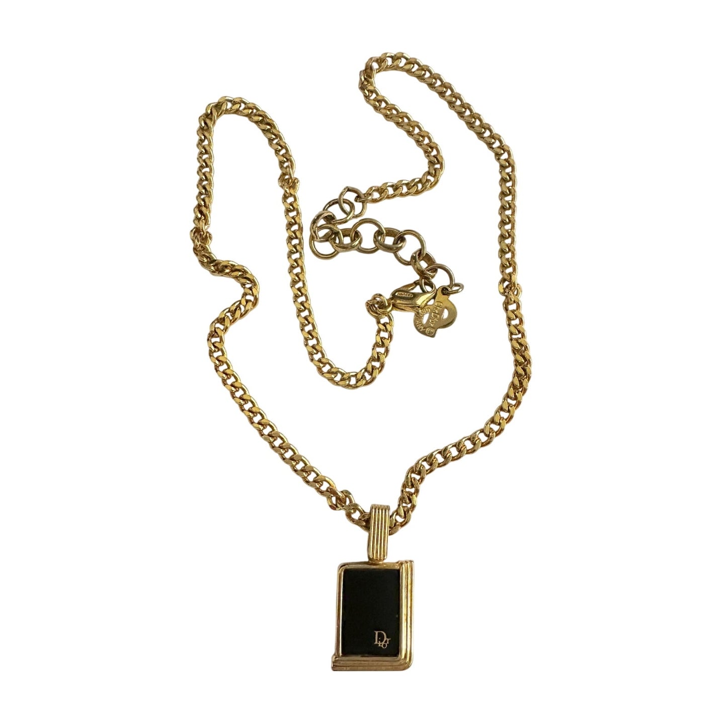 Christian Dior Black Logo Plate Necklace Gold Plated