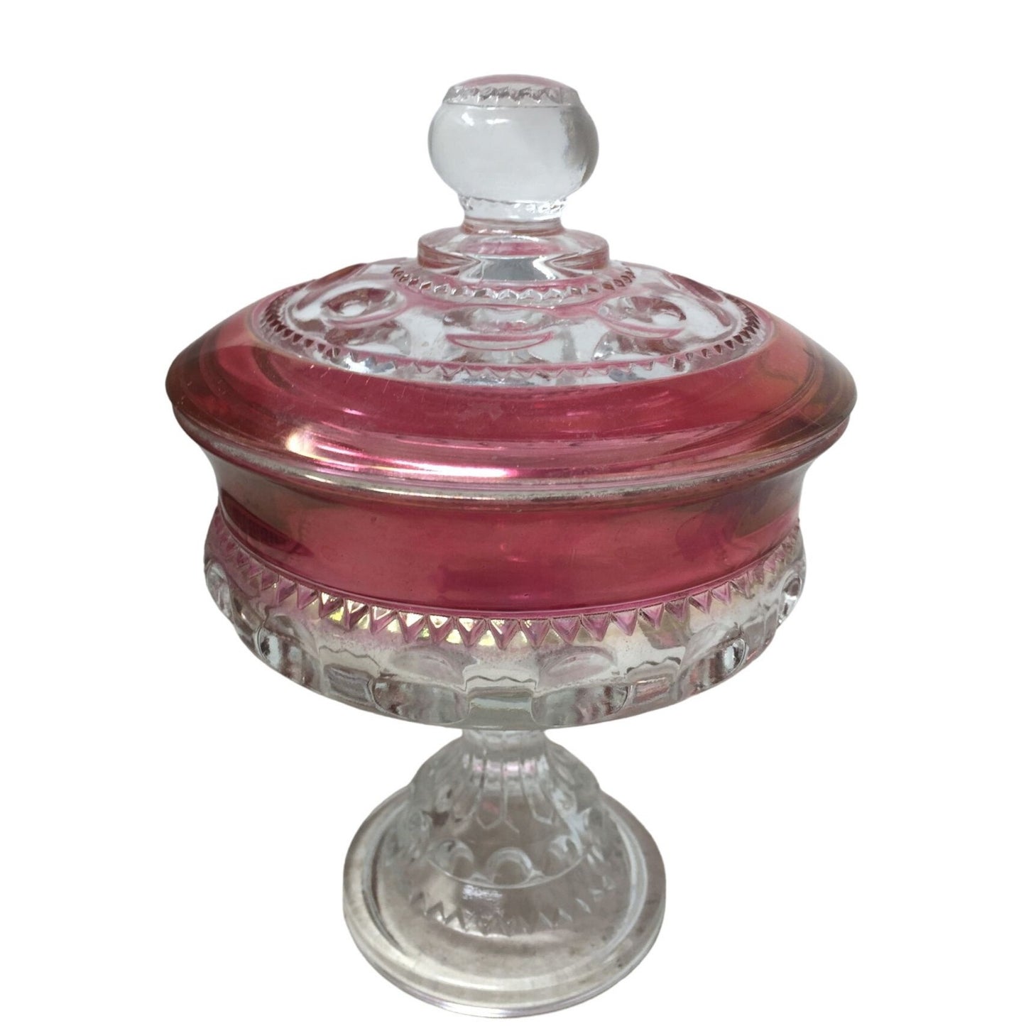 Vintage Clear and Red King's Crown Thumbprint Patterned Glass Lidded Trinket/Candy Dish