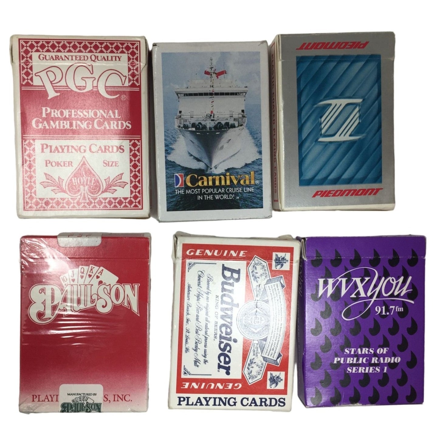 Six Decks of Vintage Playing Cards (PGC, Carnival, Piedmont, Budweiser, WVX YOU, Paulson)