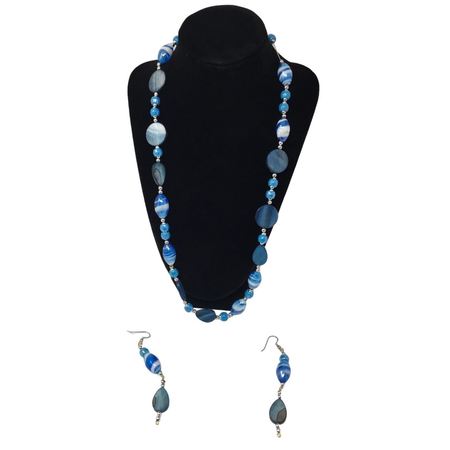 Womens Blue Beaded Necklace with Matching Dangly Earrings