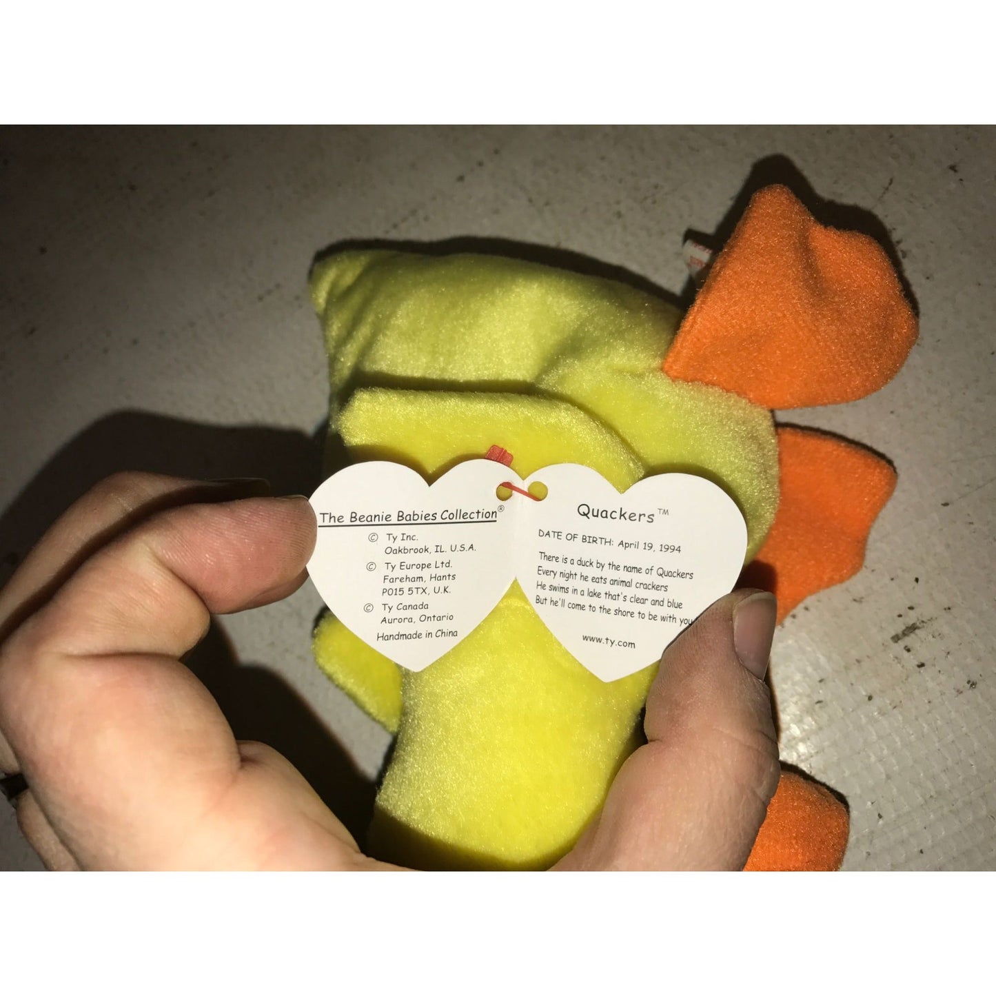 1994 Quackers the Yellow Duck Beanie Baby TY Beanie Baby  A+ Stuff Plush Toys / Stuffed Animals