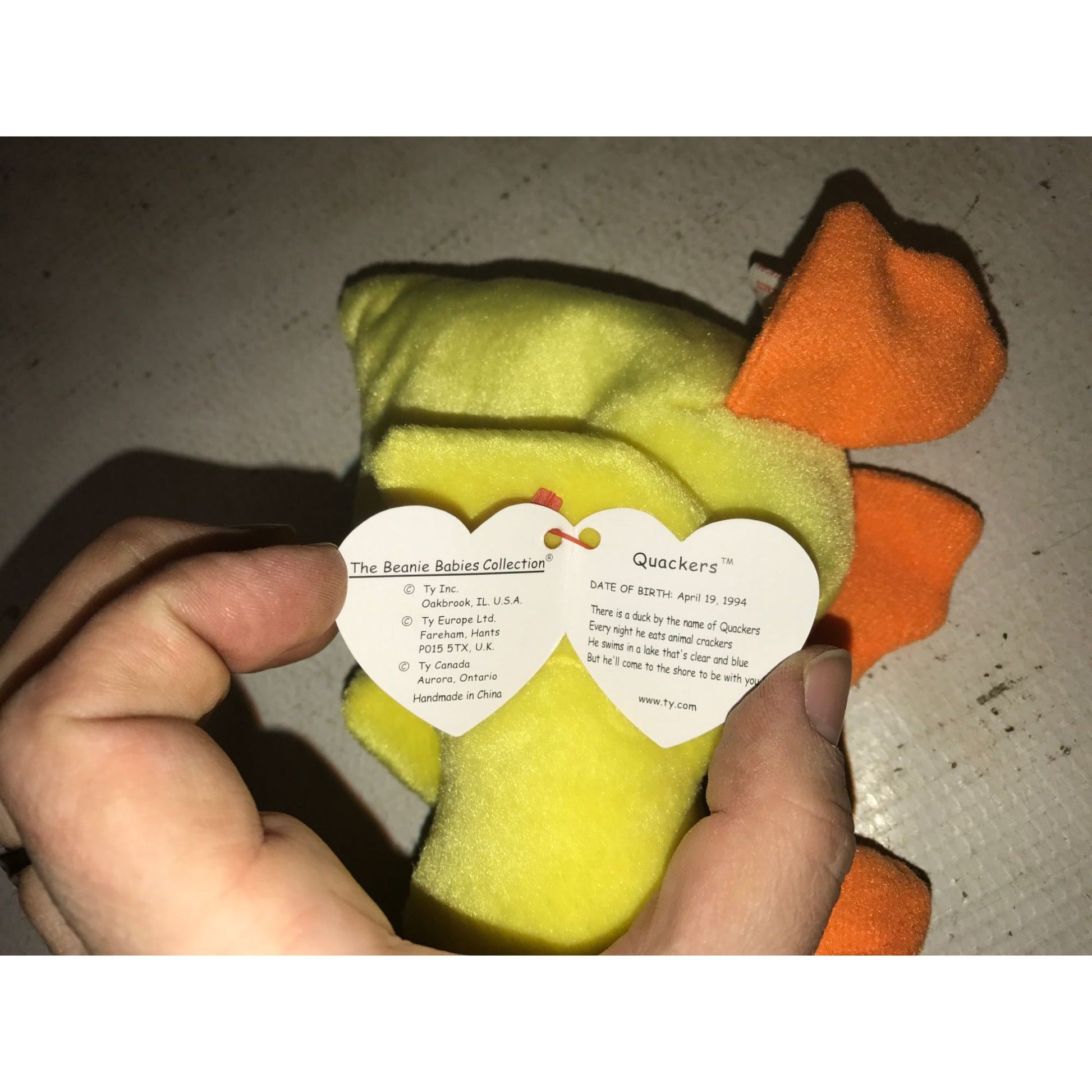 1994 Quackers the Yellow Duck Beanie Baby TY Beanie Baby  A+ Stuff Plush Toys / Stuffed Animals