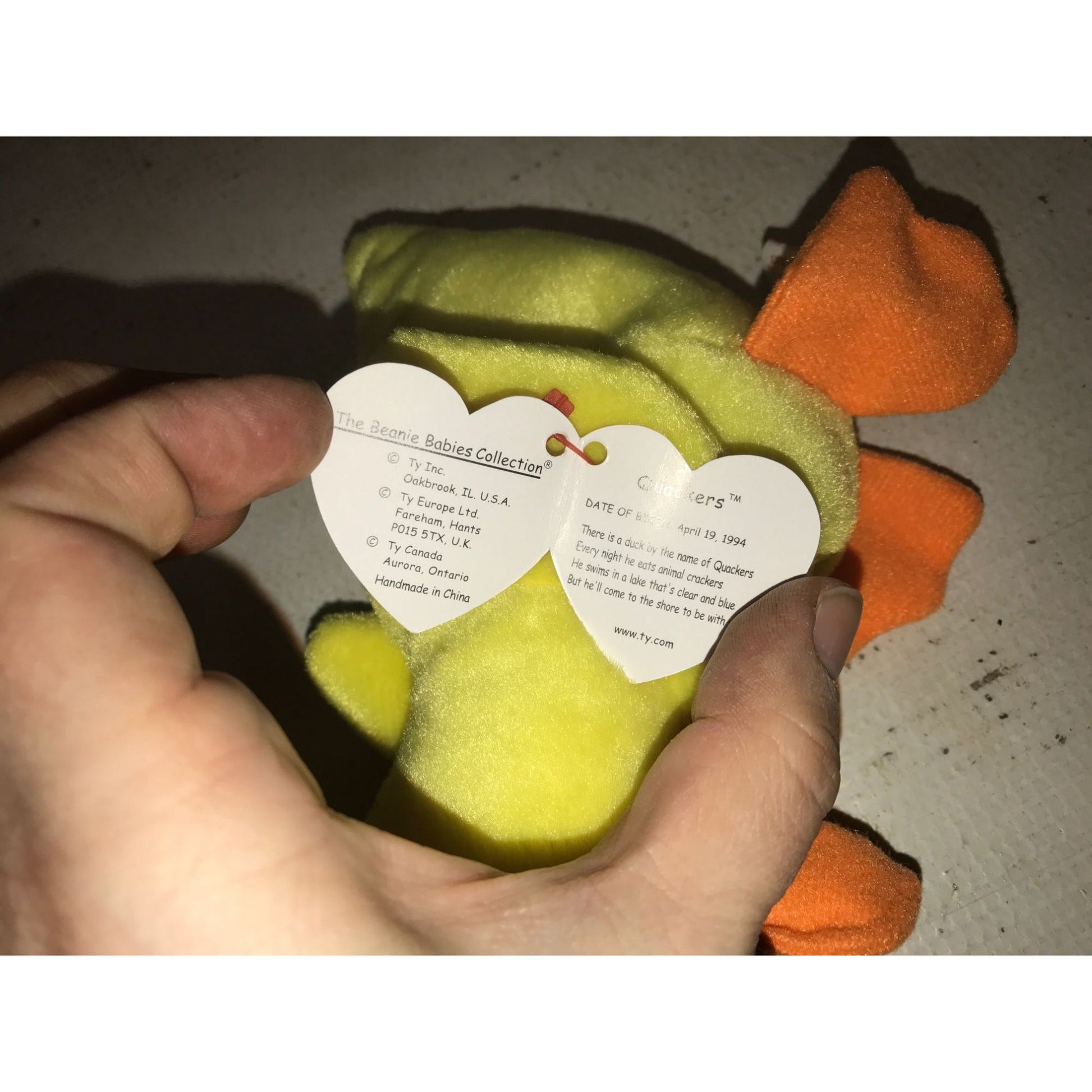 1994 Quackers the Yellow Duck Beanie Baby TY Beanie Baby  A+ Stuff Plush Toys / Stuffed Animals