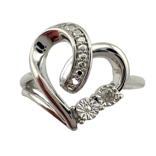 Beautiful Heart Shaped Diamond Accent Ring Sterling Silver Size 5.25