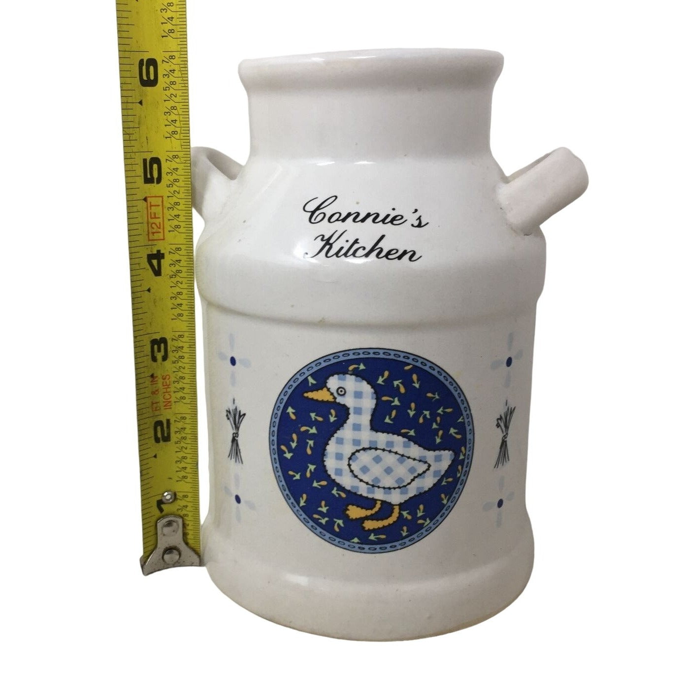 Vintage Ceramic Country Style Kitchen Utensil Holder says "Connie's Kitchen" on front