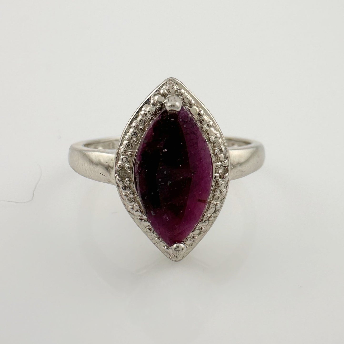 Marquise Cut Garnet & Diamond Ring - Sterling Silver - Size 8