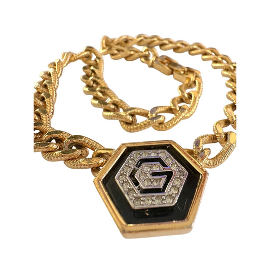 Givenchy Necklace with "G" in Hexagonal Pendant of Black Enamel and Rhinestones