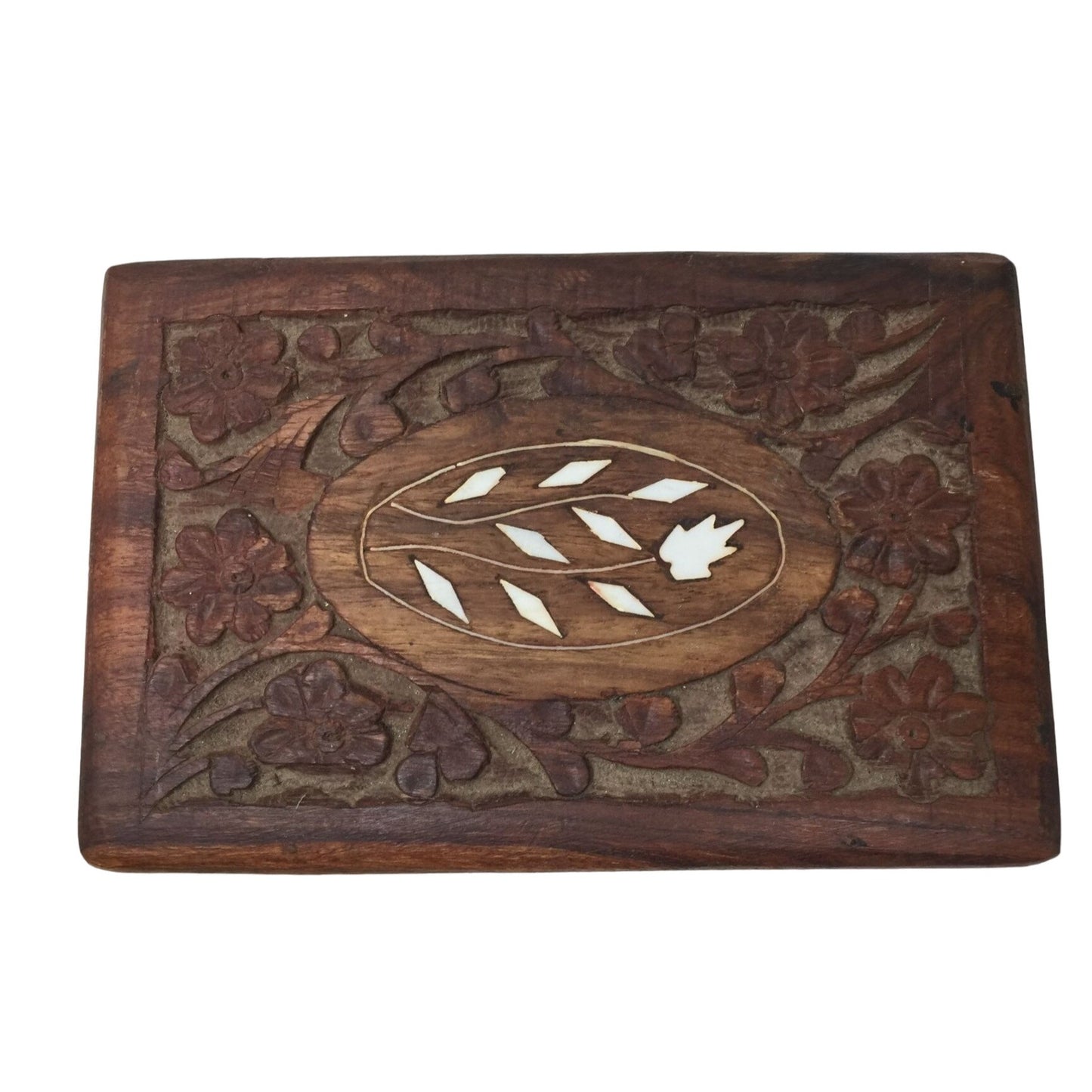 Hand Carved Brown Wooden Trinket Box/Jewelry Box