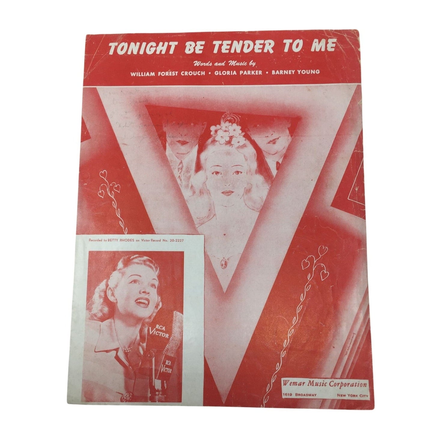 Vintage Sheet Music for the song "Tonight Be Tender To Me" William Forest Crouch, Gloria Parker, and Barney Young  A+ Stuff SHEET MUSIC