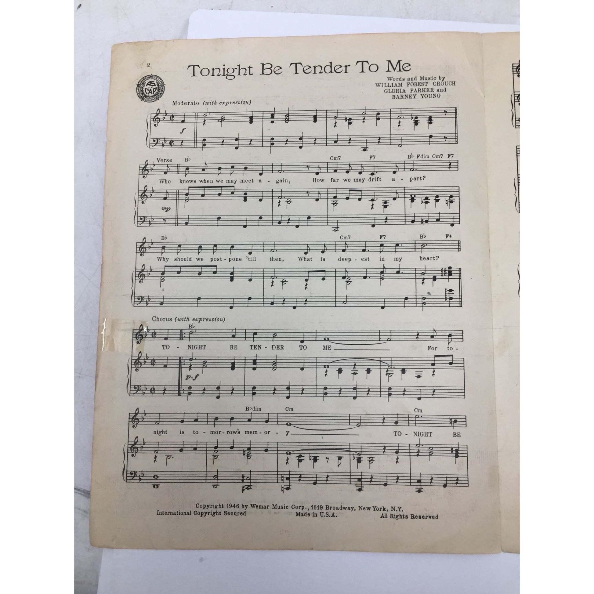 Vintage Sheet Music for the song "Tonight Be Tender To Me" William Forest Crouch, Gloria Parker, and Barney Young  A+ Stuff SHEET MUSIC