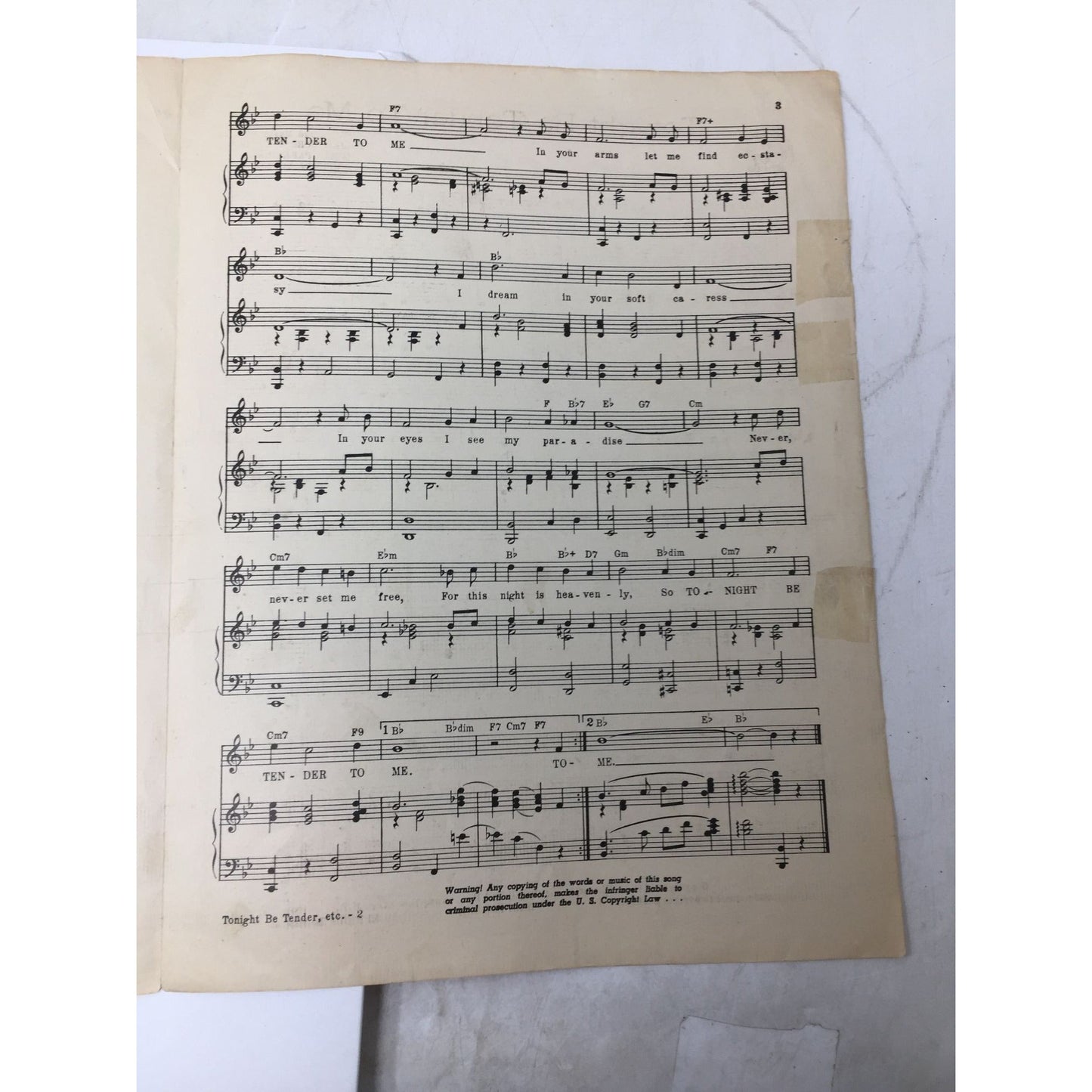 Vintage Sheet Music for the song "Tonight Be Tender To Me" William Forest Crouch, Gloria Parker, and Barney Young  A+ Stuff SHEET MUSIC