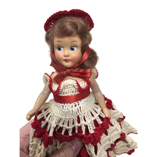 Vintage Collectible Doll with Beautiful White/Red Crocheted Dress- Doll's Arms Move