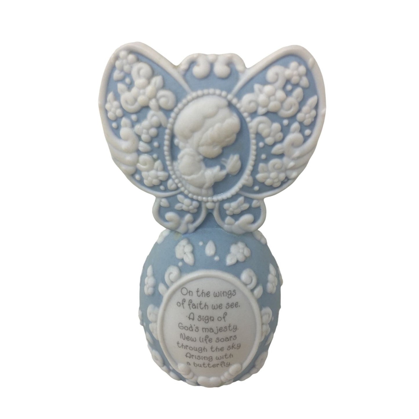 Ceramic Blue/White Butterfly Handbell with Angel and Flowers and Religious Quote