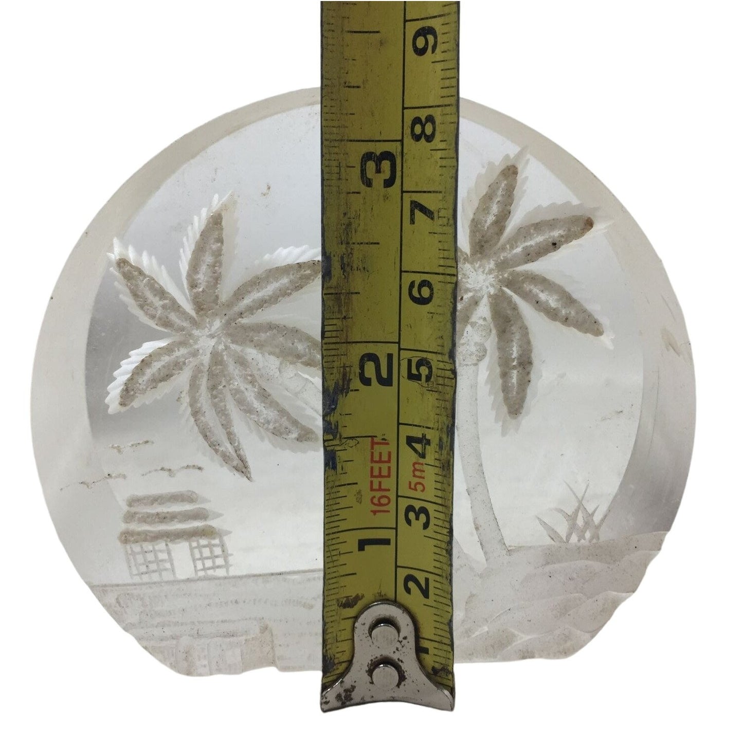 Vintage Carved Reverse Lucite Paperweight Hawaii Scene w/ Palm Trees