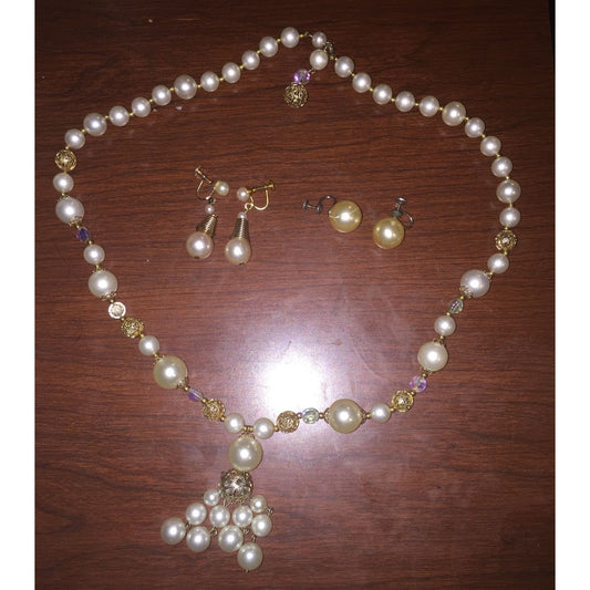 Womens Faux Pearl and Crystal Drop Necklace with 2 Pairs of Earrings