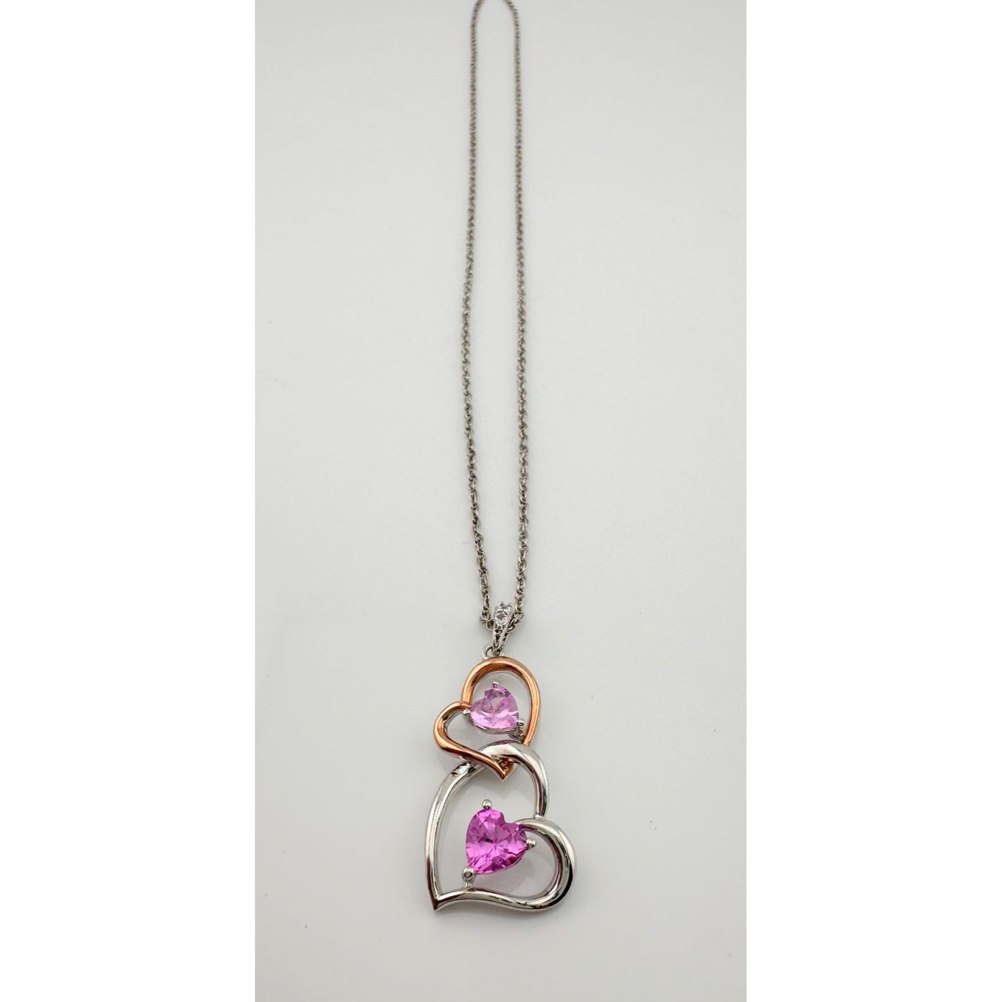 Beautiful Hearts Entwined 2 Tone Double Heart Necklace with Heart Shaped Gemstones