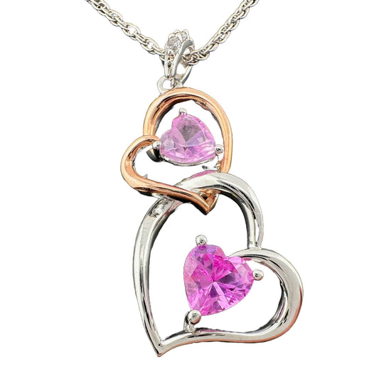 Beautiful Hearts Entwined 2 Tone Double Heart Necklace with Heart Shaped Gemstones