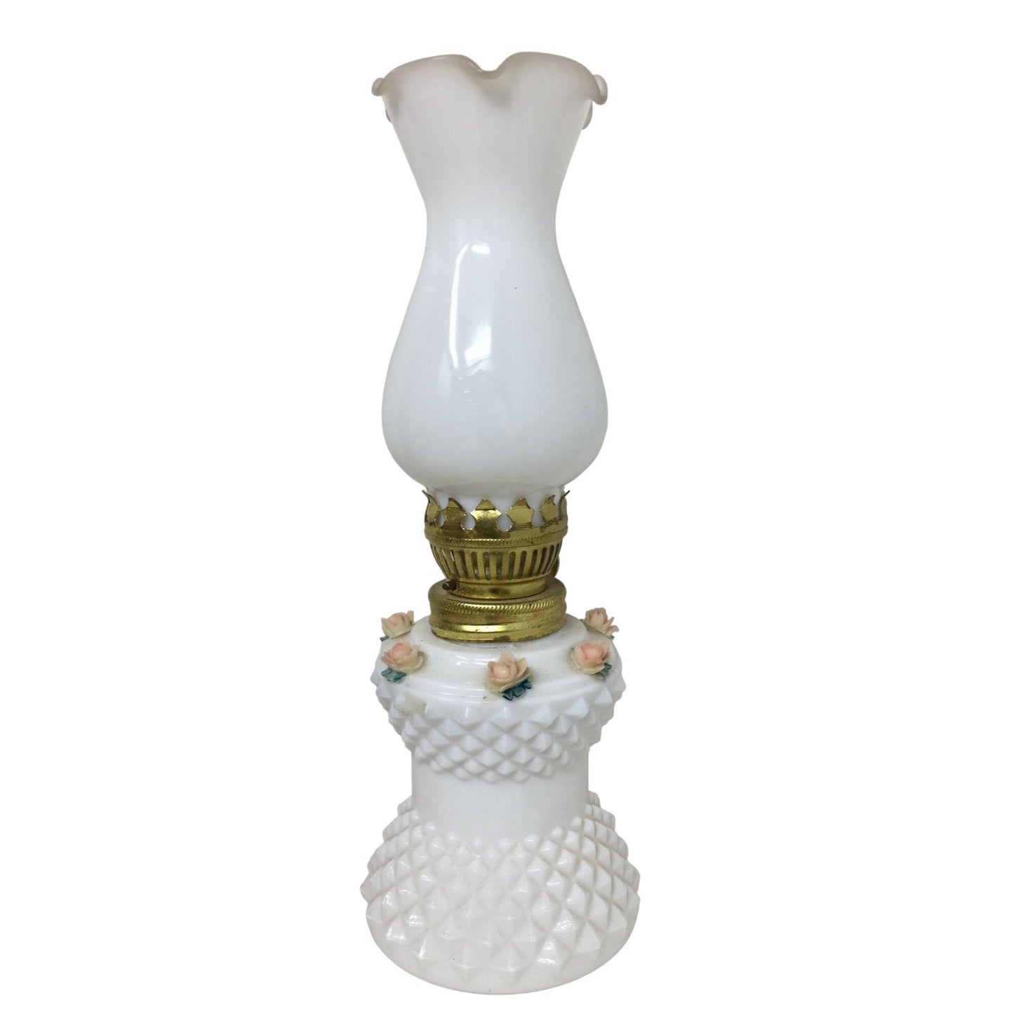 Oil Lamp- White with Pink Roses and Diamond Pattern 8.5 inches Tall