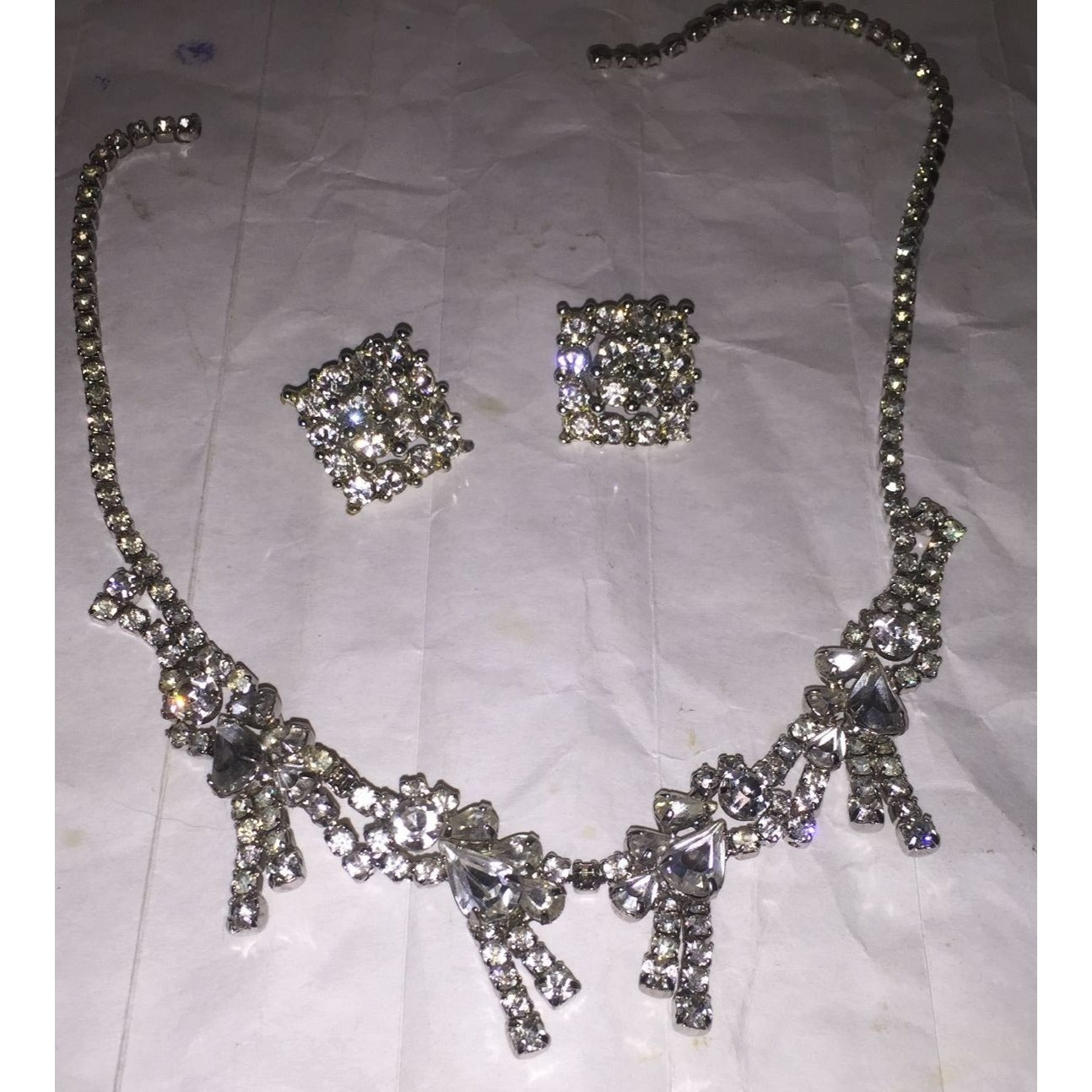 Womens Sparkly Rhinestone Necklace and Matching Clamp/Clip On Squared Earrings