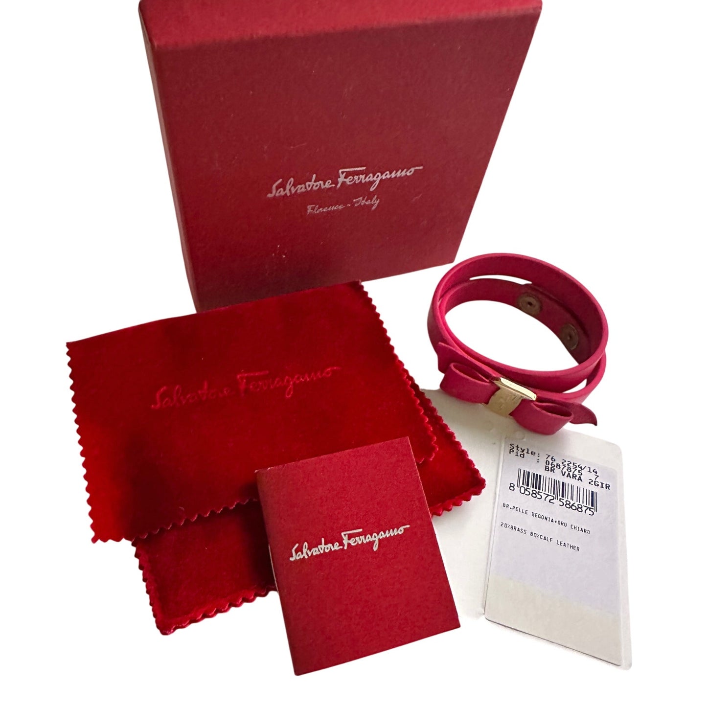 Salvatore Ferragamo Deep Pink Leather Vara Ribbon Bow Double Wrap Bracelet